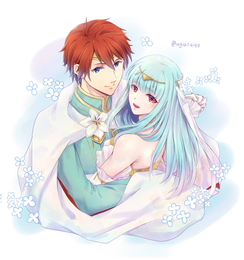 1boy, 1girl, bare_shoulders, blue_eyes, blue_hair, blue_shirt, bouquet, bridal_veil