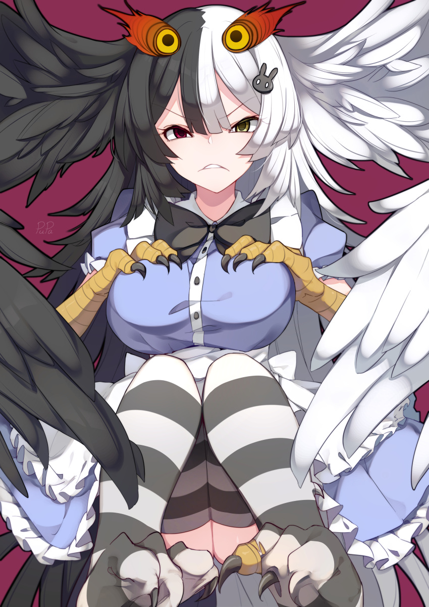 1girl, absurdres, alternate_costume, animal_hands, bird_legs, black_bow, black_bowtie, black_feathers