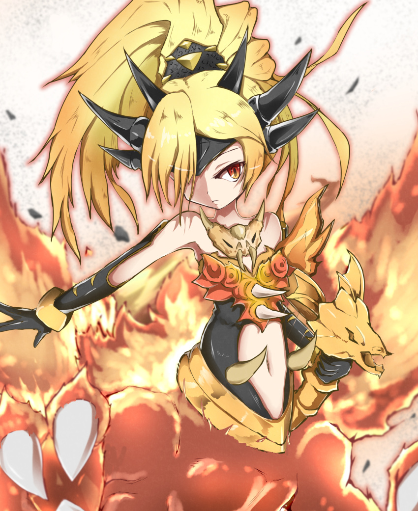 1girl, armlet, armor, bakuhatsu_gorilla, bangs, bare_shoulders, black_gloves, black_leotard