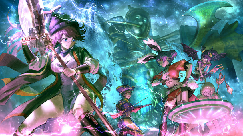 5girls, andromalius_(megido72), animal_ears, antenna_hair, astaroth_(megido72), asymmetrical_legwear, belt, black_choker