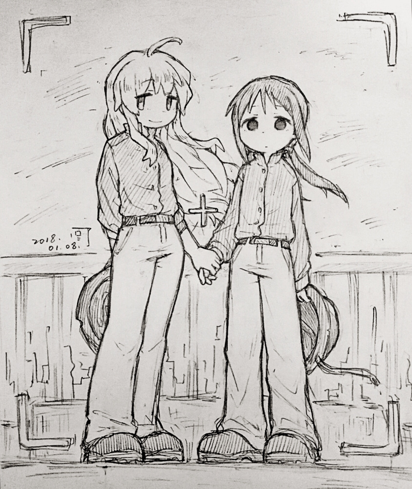 2girls, 500_ml_beaker, ahoge, belt, black_eyes, black_footwear, black_hair, blonde_hair