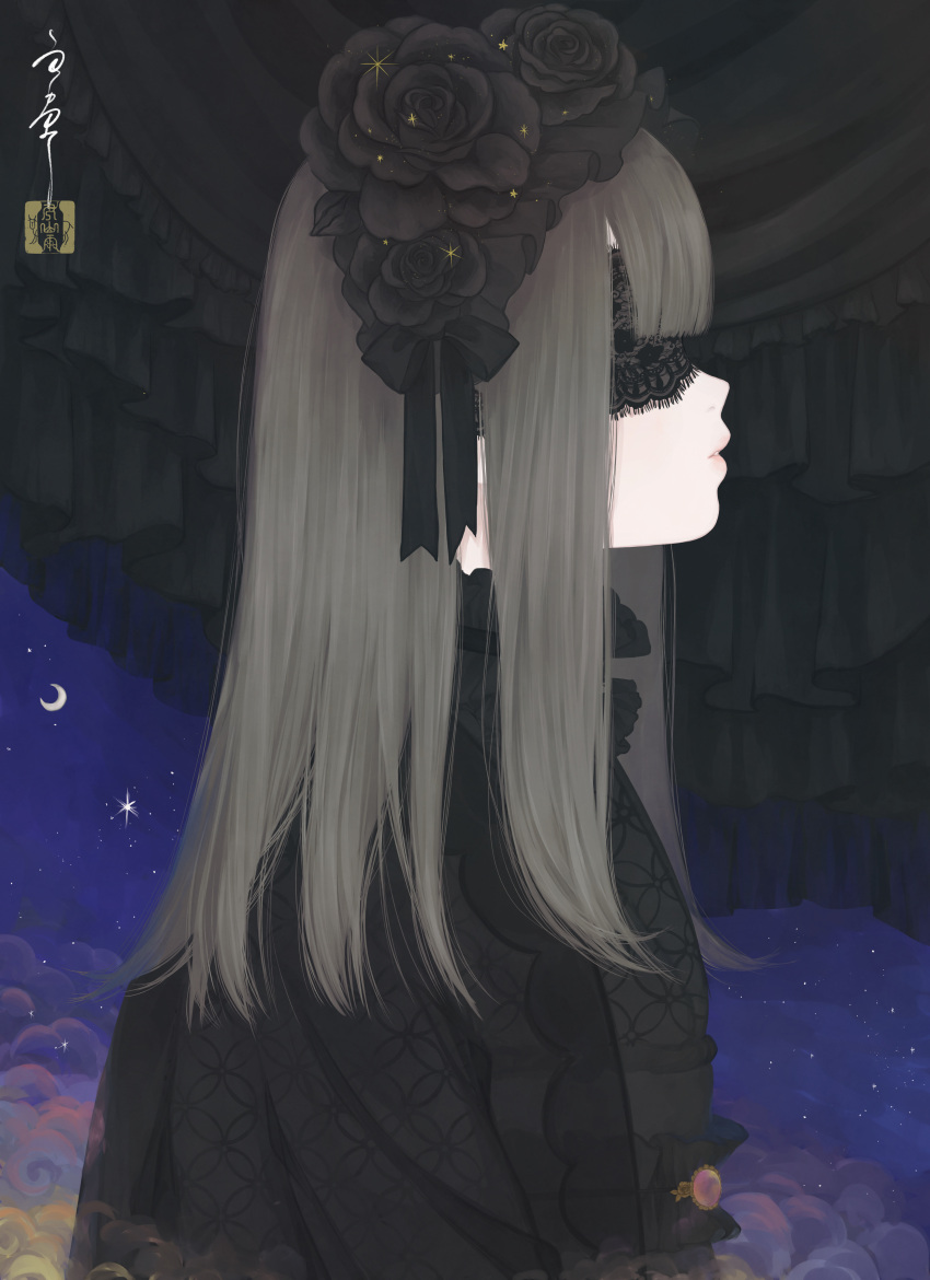 1girl, absurdres, bangs, black_flower, black_hairband, black_kimono, black_ribbon, black_rose