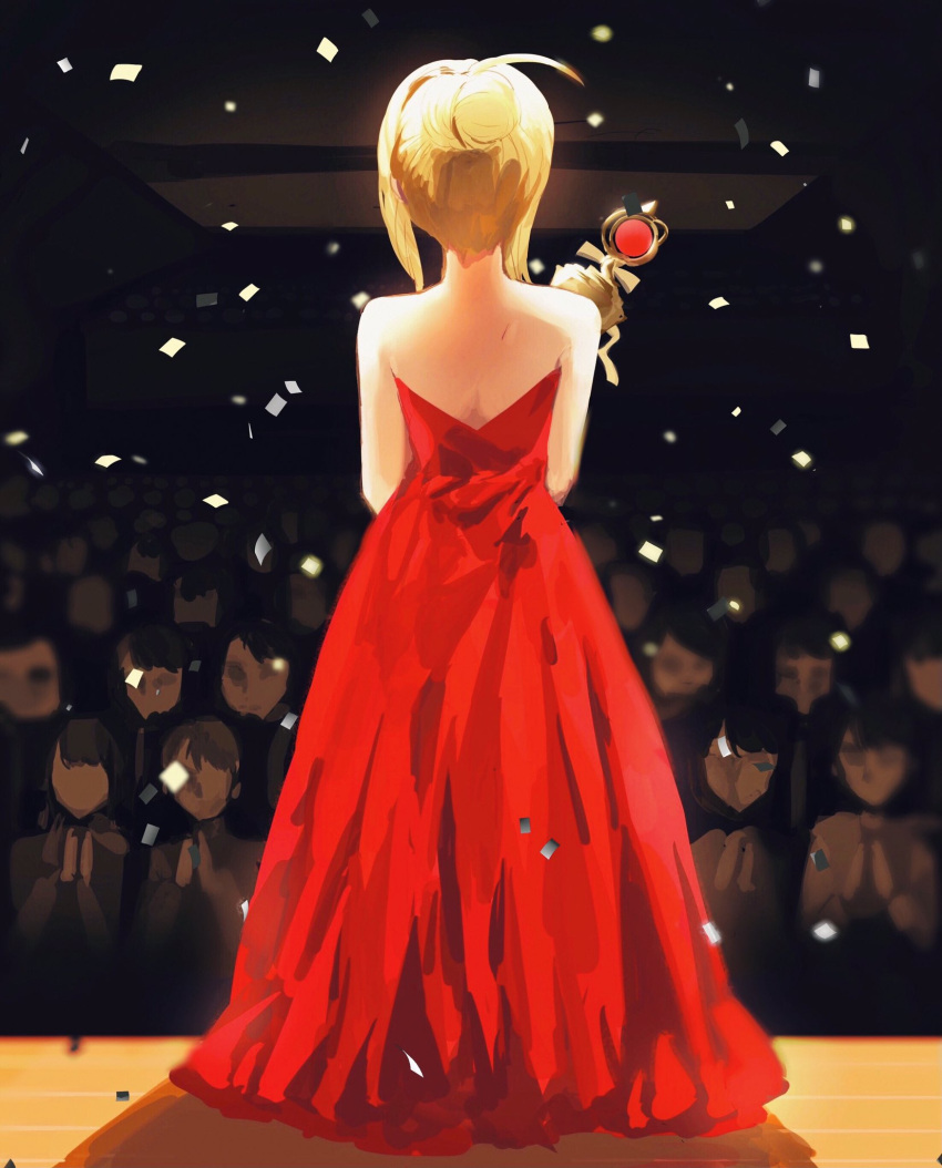 1girl, ahoge, akamatsu_kaede, bare_arms, bare_shoulders, black_background, blonde_hair, confetti