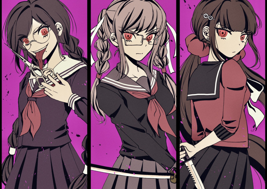 3girls, arm_behind_back, bangs, black_shirt, black_skirt, bow, bowtie, braid