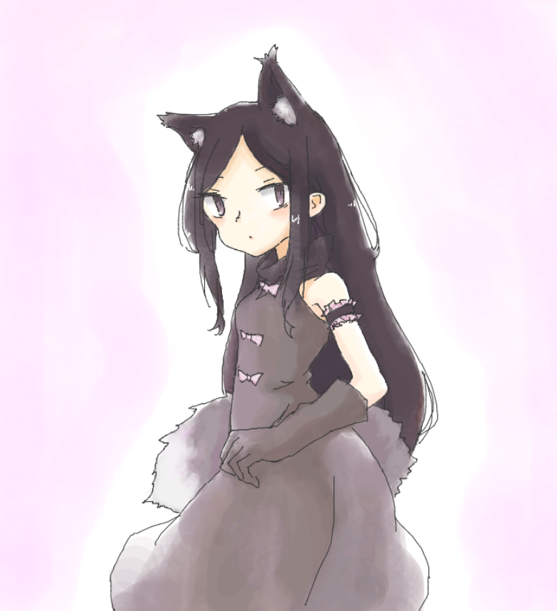1girl, animal_ear_fluff, animal_ears, armband, bangs, bare_shoulders, black_dress, black_eyes