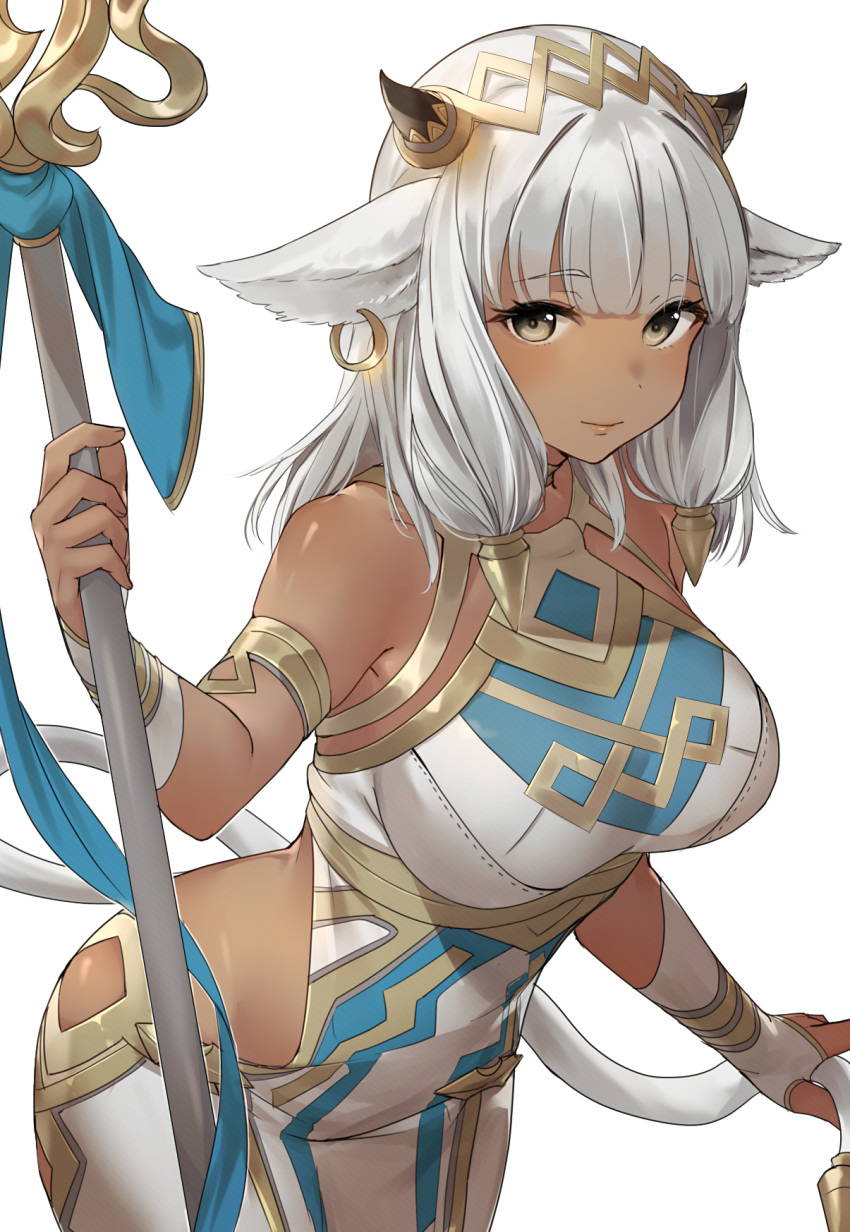 1girl, animal_ears, ash_(fire_emblem), bare_shoulders, bicep_strap, black_horns, breasts, brown_eyes, cow_ears, cow_girl, cow_horns, cowboy_shot, dark-skinned_female, dark_skin, ear_piercing, fire_emblem, fire_emblem_heroes, gold_trim, haru_(nakajou-28), highres, holding, holding_staff, horns, pelvic_curtain, piercing, silver_hair, sleeveless, solo, staff, white_legwear
