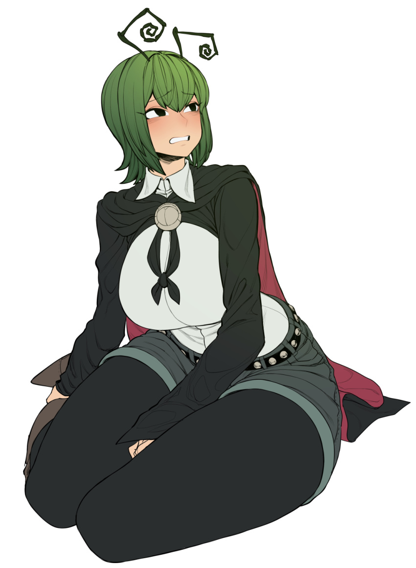 1girl, alternate_breast_size, antennae, bangs, belt, black_belt, black_cape, black_eyes