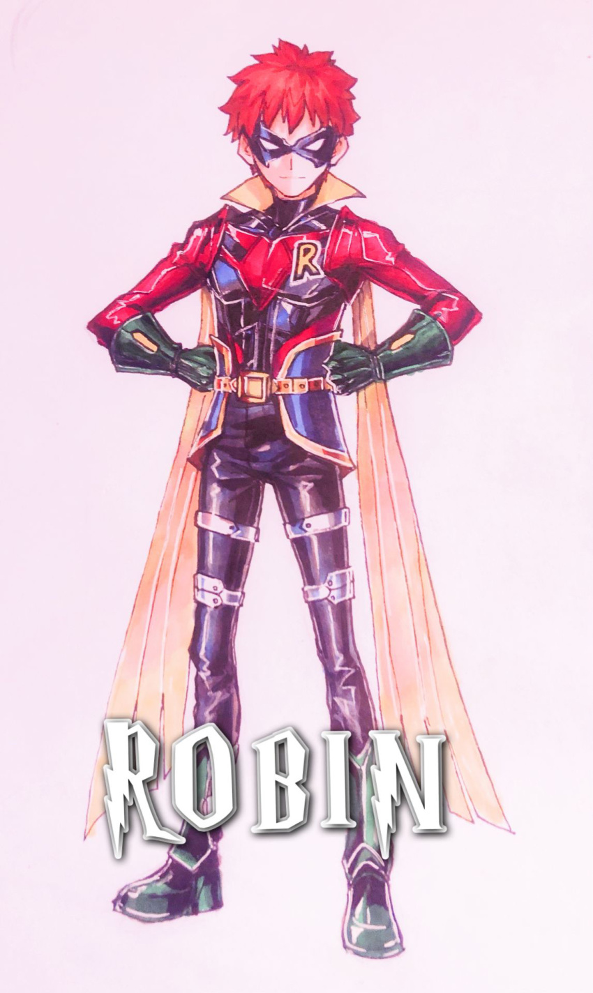 1boy, batman_(series), belt, boots, cape, cosplay, crossover, dc_comics, domino_mask, emiya_shirou, fate/stay_night, fate_(series), garoshirou, gloves, green_gloves, highres, looking_at_viewer, mask, orange_hair, robin_(dc), robin_(dc)_(cosplay), short_hair, smile, solo, superhero, utility_belt