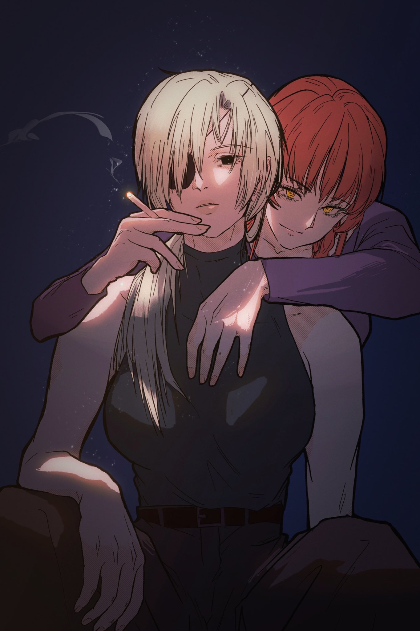 1997, 2girls, @_@, arms_around_neck, bangs, bare_shoulders, belt, black_eyepatch
