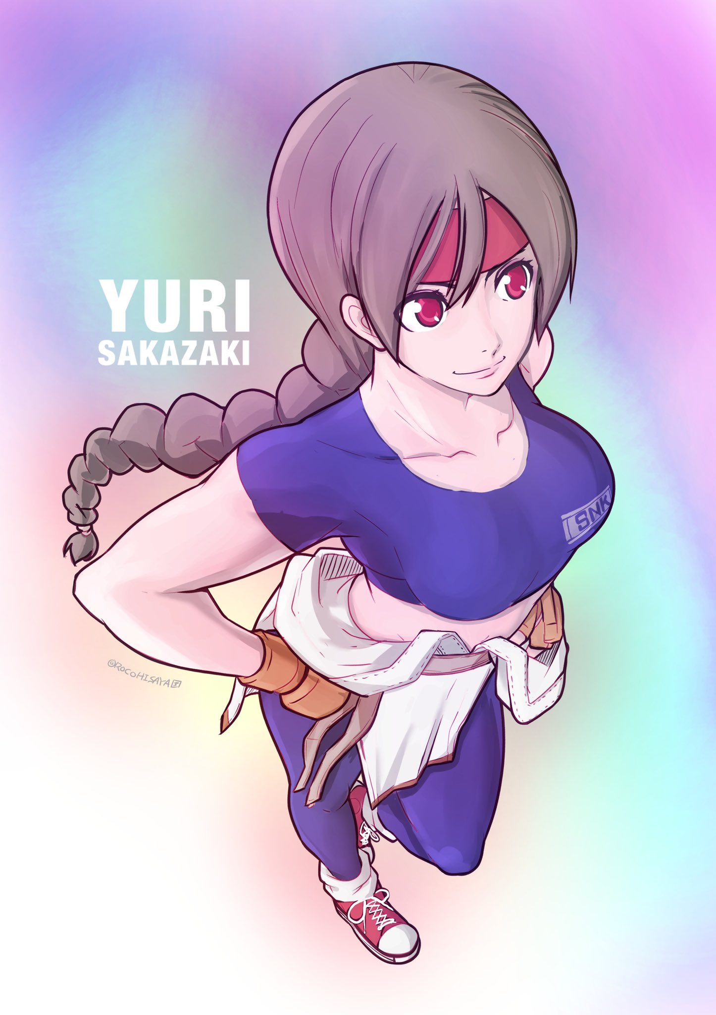1girl, braid, braided_ponytail, breasts, brown_hair, collarbone, gloves, headband