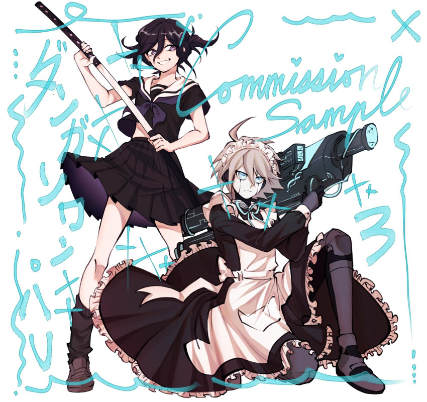 2boys, ahoge, alternate_costume, android, apron, bangs, black_dress, black_legwear