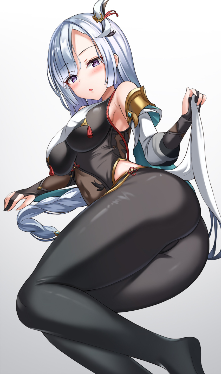 1girl, ass, bare_shoulders, bodysuit, braid, breast_curtains, breasts, covered_navel