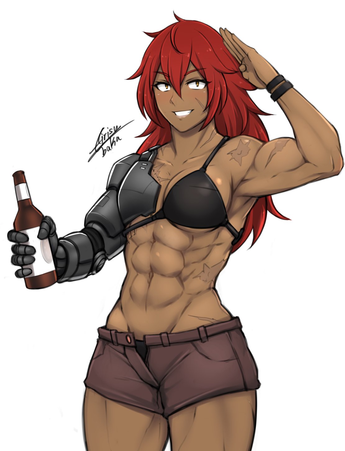 1girl, abs, airisubaka, alcohol, beer_bottle, bikini, black_bikini, bracelet