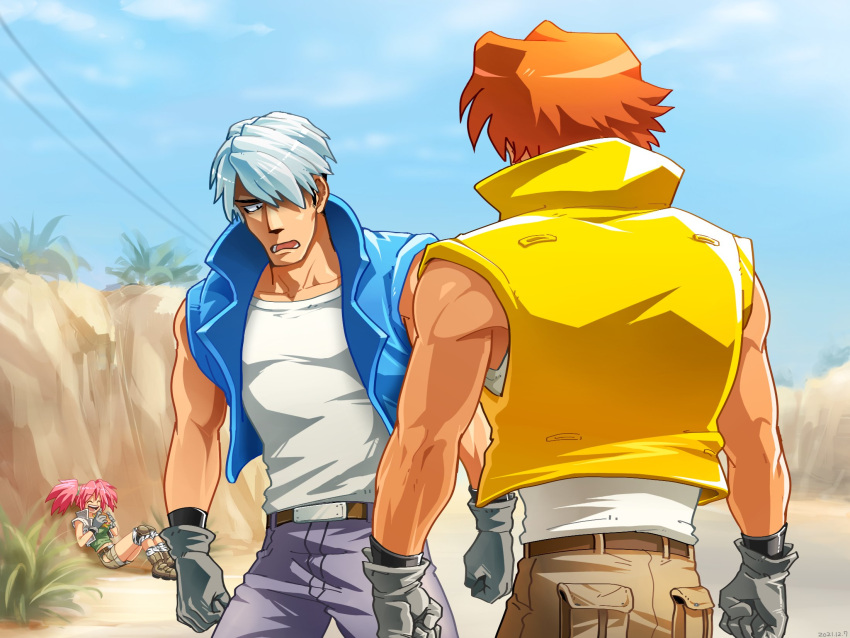 1girl, 2boys, blue_vest, brown_hair, closed_eyes, grand_theft_auto, grand_theft_auto_v, highres