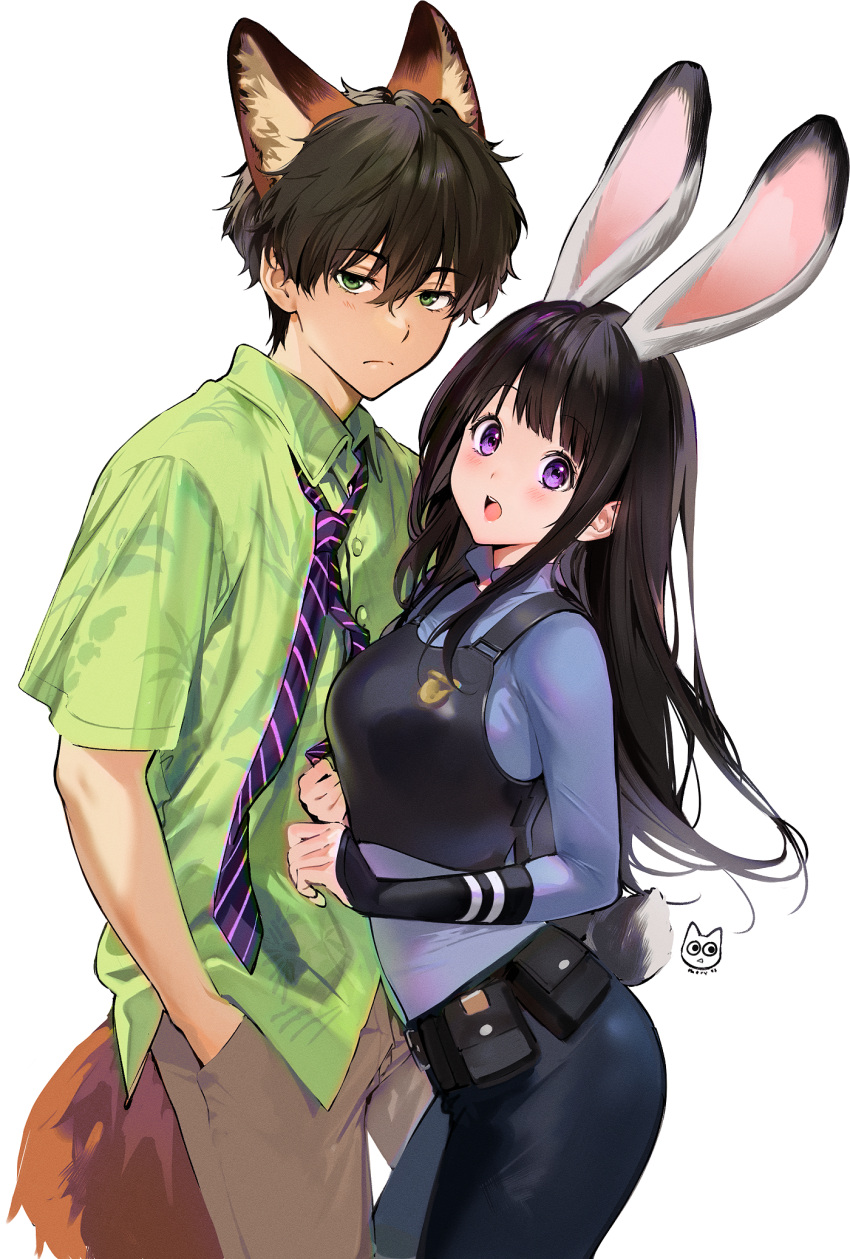 1boy, 1girl, :o, animal_ears, artist_logo, bangs, black_hair, black_pants