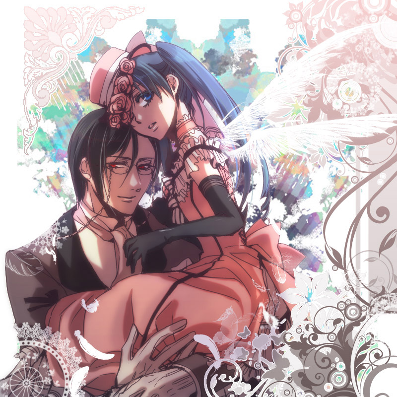 blue_eyes, ciel_phantomhive, crossdressinging, dress, elbow_gloves, flower, formal, glasses, glover, gloves, hat, kuroshitsuji, maisie, male, red_eyes, sebastian_michaelis, suit, trap, wings