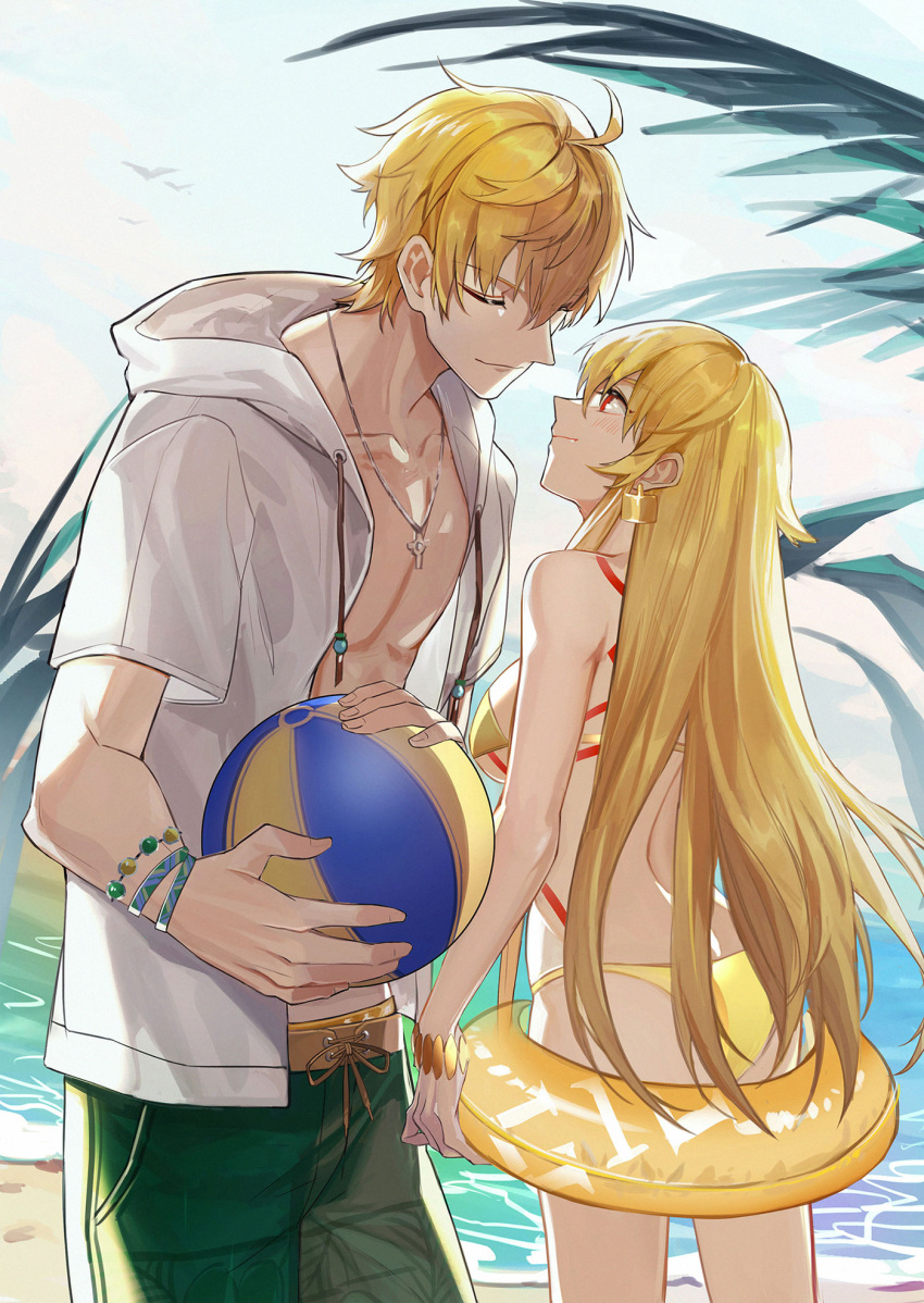 1boy, 1girl, ahoge, alternate_costume, arthur_pendragon_(fate), ball, bare_shoulders, beach, beachball, bikini, breasts, closed_eyes, day, fate/grand_order, fate_(series), genderswap, genderswap_(mtf), gilgamesh_(fate), highres, holding, holding_innertube, hood, innertube, kiki7, long_hair, looking_at_another, medium_breasts, red_eyes, short_sleeves, smile, swimsuit, water, yellow_bikini