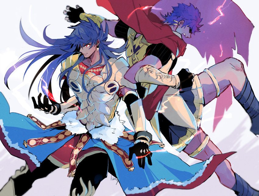 2boys, armor, back-to-back, bangs, bracer, breastplate, caligula_(fate), cape