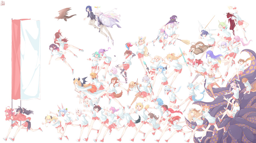 a-chan_(hololive), absurdres, airani_iofifteen, akai_haato, aki_rosenthal, amane_kanata, angel_wings, animal_ears, anya_melfissa, ayunda_risu, azki_(hololive), backwards_hat, black_hair, blonde_hair, blue_hair, broom, brown_hair, brown_pants, capelet, cat_ears, cat_girl, cat_tail, ceres_fauna, closed_eyes, debbie_(user_uapu3455), deerstalker, demon_girl, dog_ears, dog_girl, dog_tail, dragon, elf, everyone, fish_tail, flag, fox_ears, fox_girl, fox_tail, gawr_gura, glasses, green_hair, gym_shirt, gym_shorts, gym_uniform, hair_ribbon, hakos_baelz, halo, hat, highres, himemori_luna, holding, holding_weapon, hololive, hololive_english, hololive_indonesia, horns, hoshimachi_suisei, houshou_marine, inugami_korone, irys_(hololive), jacket, kiryu_coco, kiryu_coco_(dragon), kureiji_ollie, lion_ears, lion_girl, long_hair, mano_aloe, minato_aqua, momosuzu_nene, moona_hoshinova, mori_calliope, murasaki_shion, nakiri_ayame, nanashi_mumei, natsuiro_matsuri, nekomata_okayu, ninomae_ina'nis, omaru_polka, omega_alpha, ookami_mio, oozora_subaru, open_mouth, orange_hair, ouro_kronii, pants, pavolia_reine, pink_hair, pointy_ears, ponytail, purple_hair, rabbit_ears, rabbit_girl, redhead, ribbon, roboco-san, running, sakura_miko, shark_girl, shark_tail, sheep_girl, sheep_horns, shirakami_fubuki, shiranui_flare, shirogane_noel, shirt, shishiro_botan, short_hair, short_sleeves, shorts, smile, squirrel_ears, squirrel_girl, squirrel_tail, tail, takanashi_kiara, tentacles, tokino_sora, tokoyami_towa, tsukumo_sana, tsunomaki_watame, uruha_rushia, usada_pekora, virtual_youtuber, watson_amelia, weapon, white_background, white_hair, white_shirt, wings, witch_hat, wolf_ears, wolf_girl, wolf_tail, yozora_mel, yukihana_lamy, yuzuki_choco