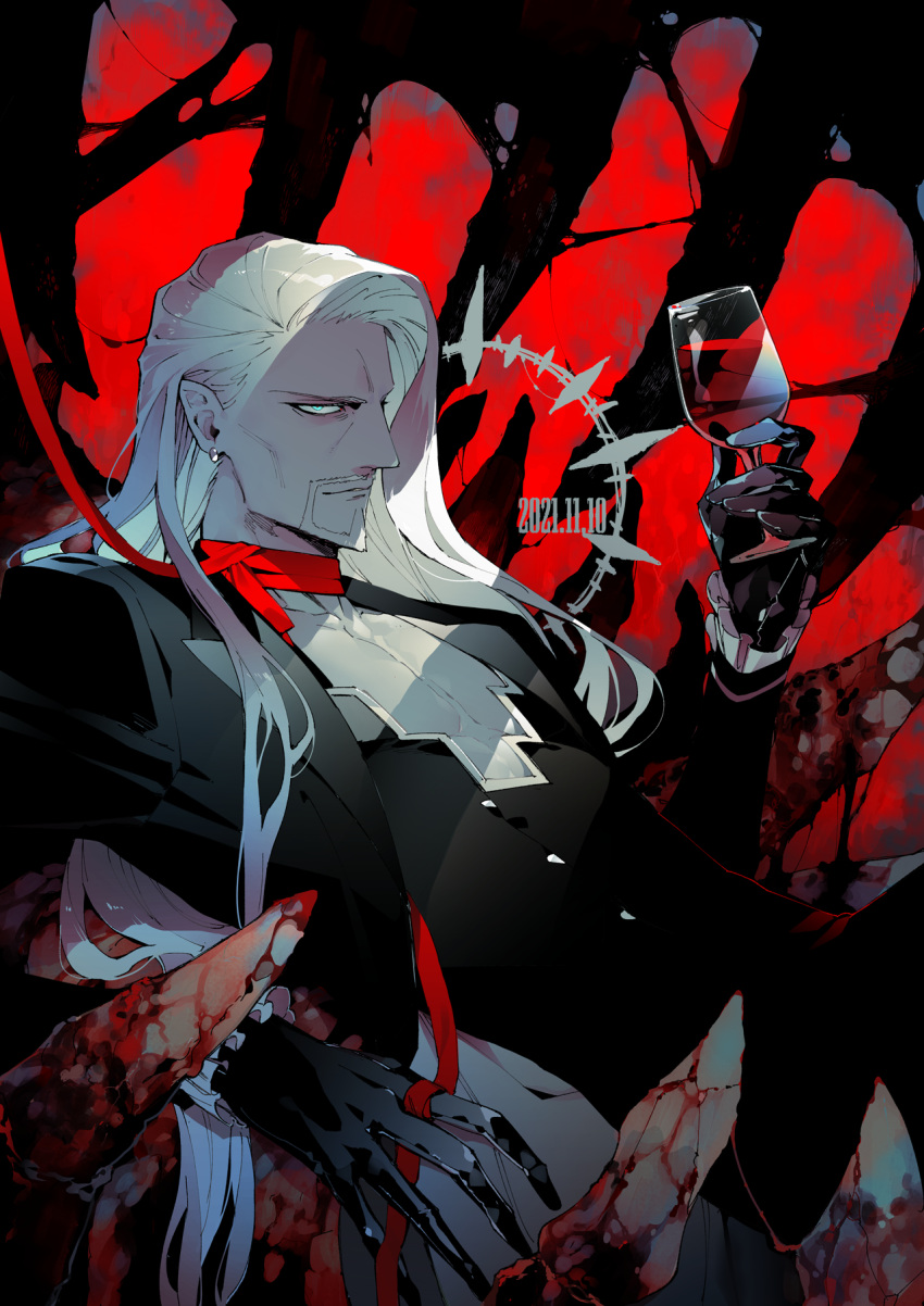 1boy, bangs, blood, blood_string, blue_eyes, choker, cup, drinking_glass