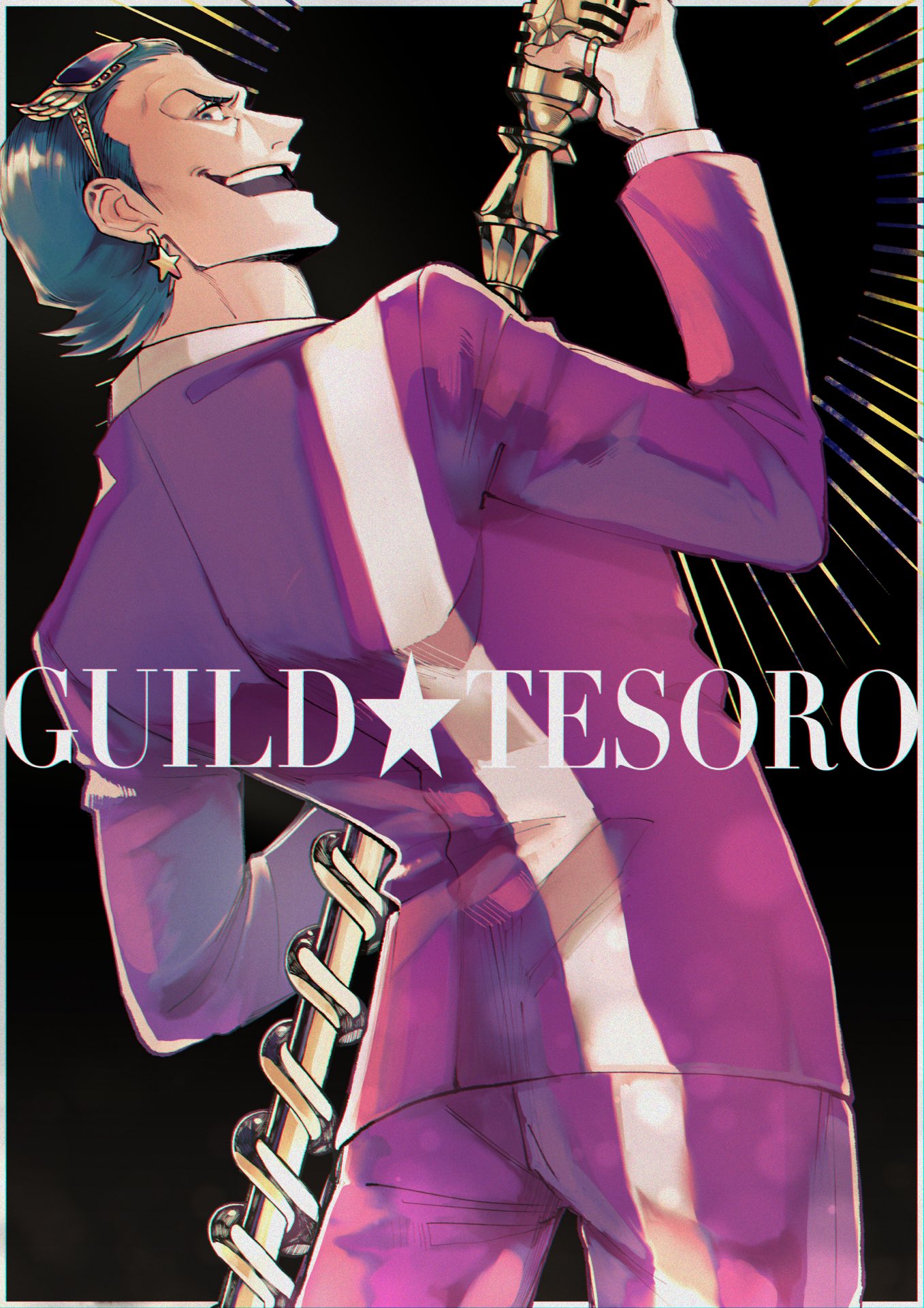>:), 1boy, earrings, eyewear_on_head, from_behind, gild_tesoro, green_hair, highres