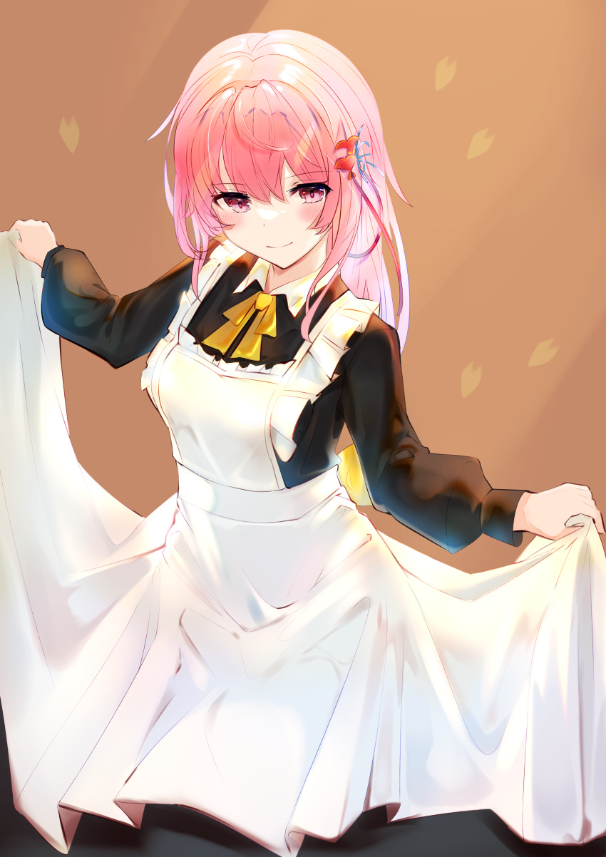 1girl, absurdres, apron, black_dress, brown_background, closed_mouth, commentary, cowboy_shot