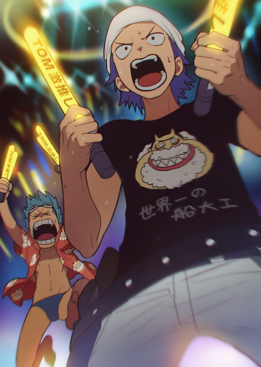 >_<, 2boys, cheering, franky, glowstick, hat, highres, iceburg