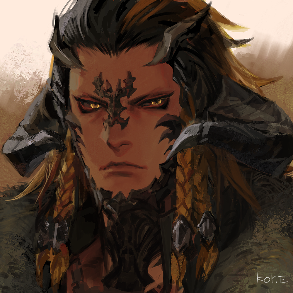 1boy, artist_name, au_ra, black_hair, braid, colored_sclera, commentary, dragon_horns