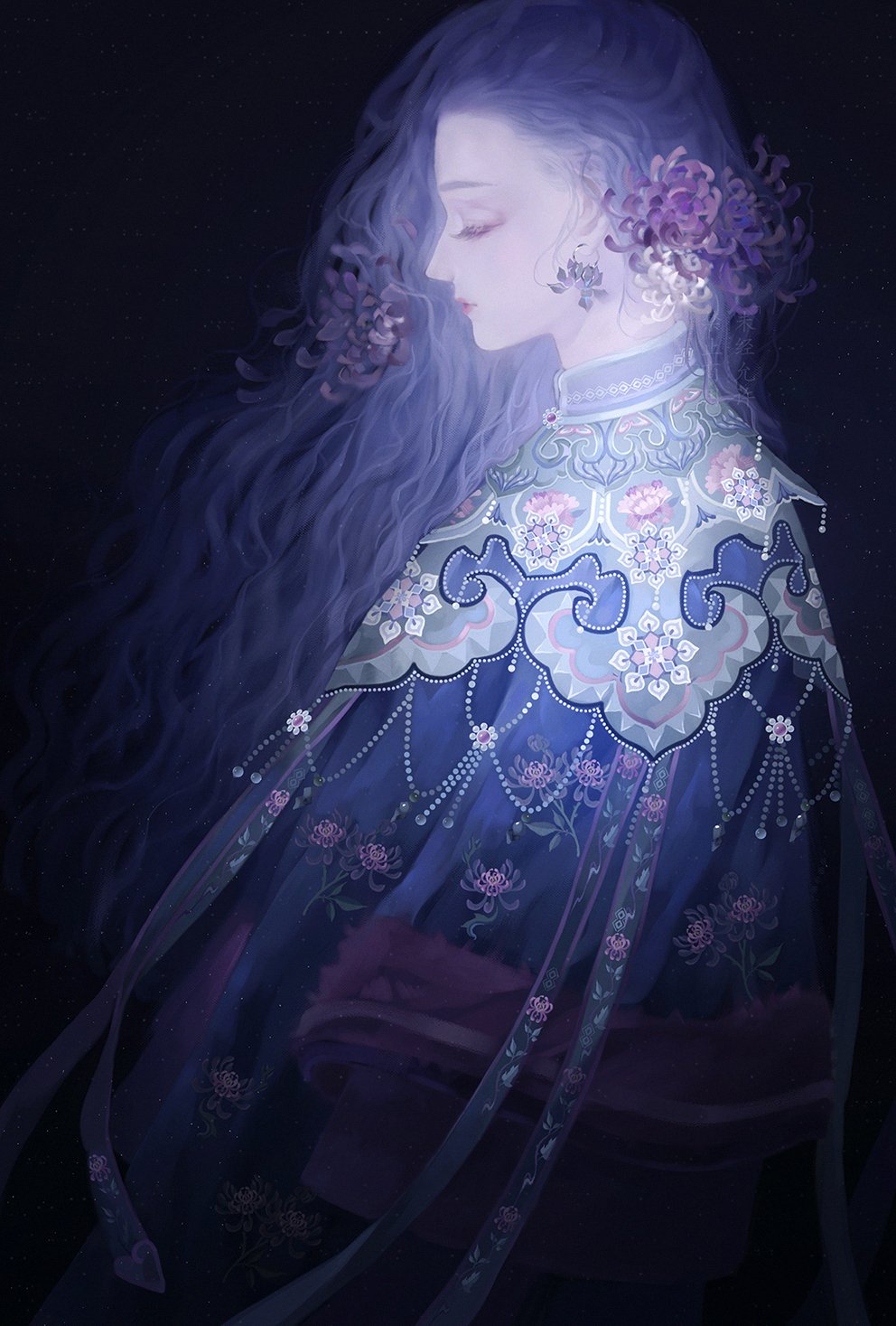 1girl, beads, black_background, blue_dress, blue_hair, capelet, chinese_clothes, chinese_commentary