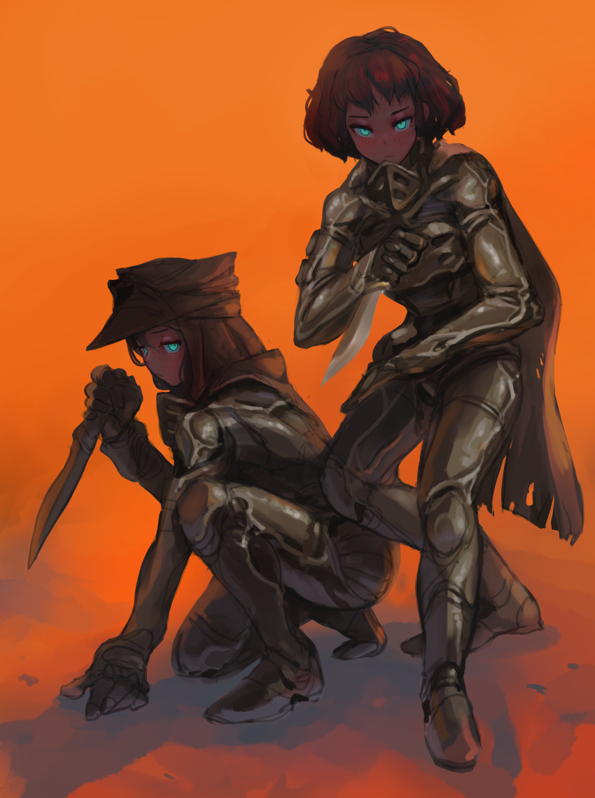2girls, absurdres, blue_eyes, bodysuit, brown_hair, cape, dark_skin, desert