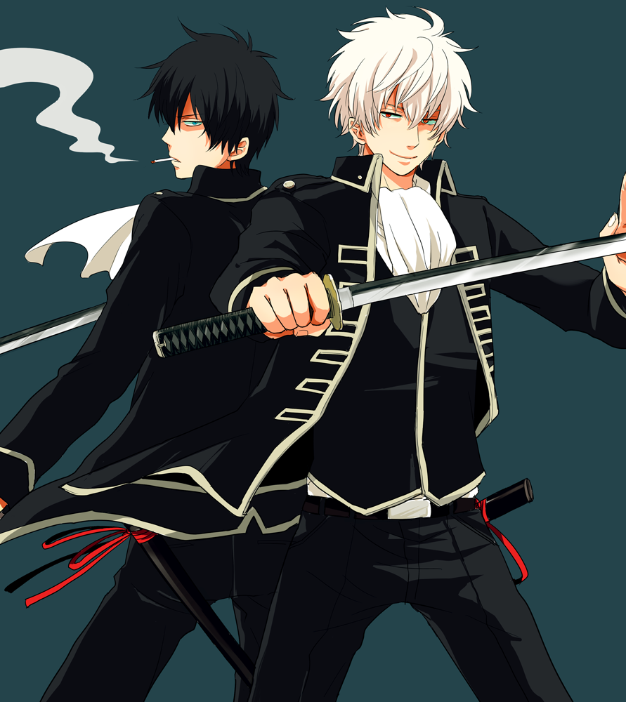 50?, black_hair, cigarette, gintama, gintoki, hijikata, hijikata_toushirou, sakata_gintoki, shinsengumi, silver_hair, smoking, sword, weapon, white_hair