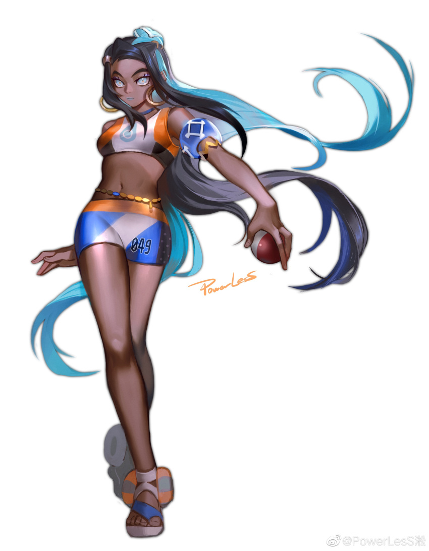 1girl, absurdres, armlet, belly_chain, bike_shorts, black_hair, closed_mouth, commentary, crop_top, dark-skinned_female, dark_skin, earrings, floating_hair, full_body, hair_bun, highres, holding, holding_poke_ball, hoop_earrings, jewelry, knees, long_hair, makeup, midriff, multicolored_hair, navel, nessa_(pokemon), poke_ball, poke_ball_(basic), pokemon, pokemon_(game), pokemon_swsh, powerlesssong, sandals, signature, solo, toes, two-tone_hair