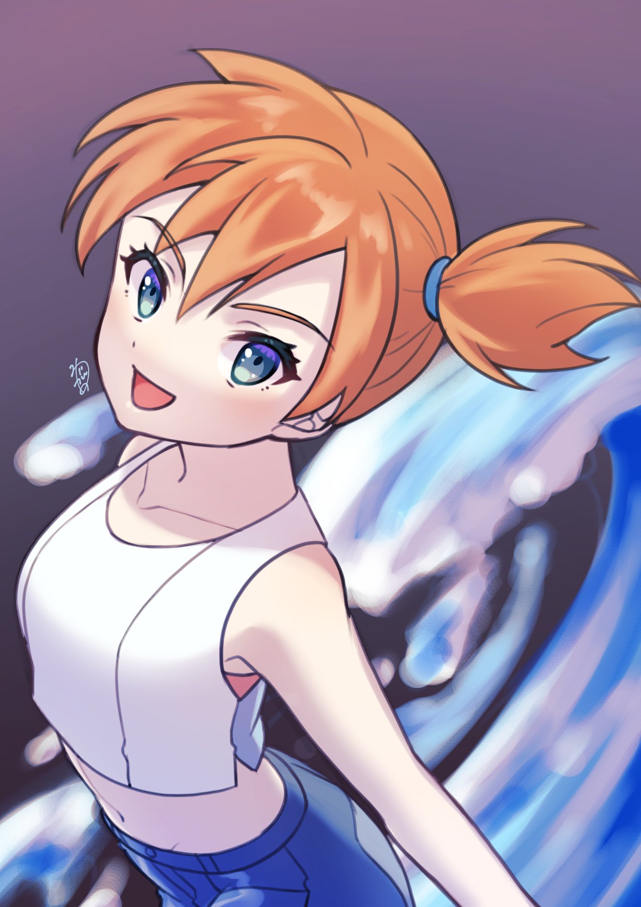 1girl, :d, bangs, blue_shorts, commentary_request, eyelashes, green_eyes, hair_tie
