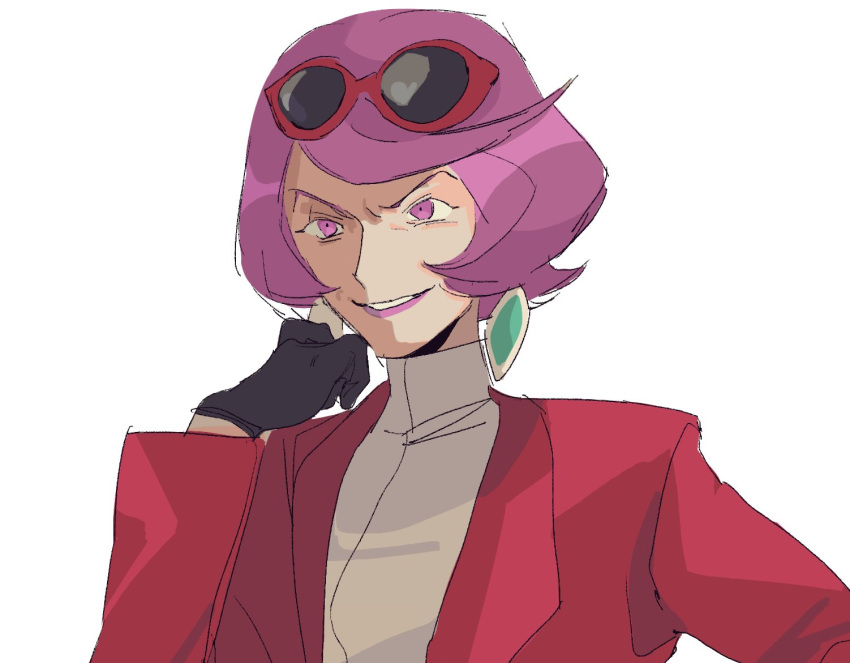 1girl, argenta_(pokemon), bangs, black_gloves, commentary_request, earrings, gloves, hand_up