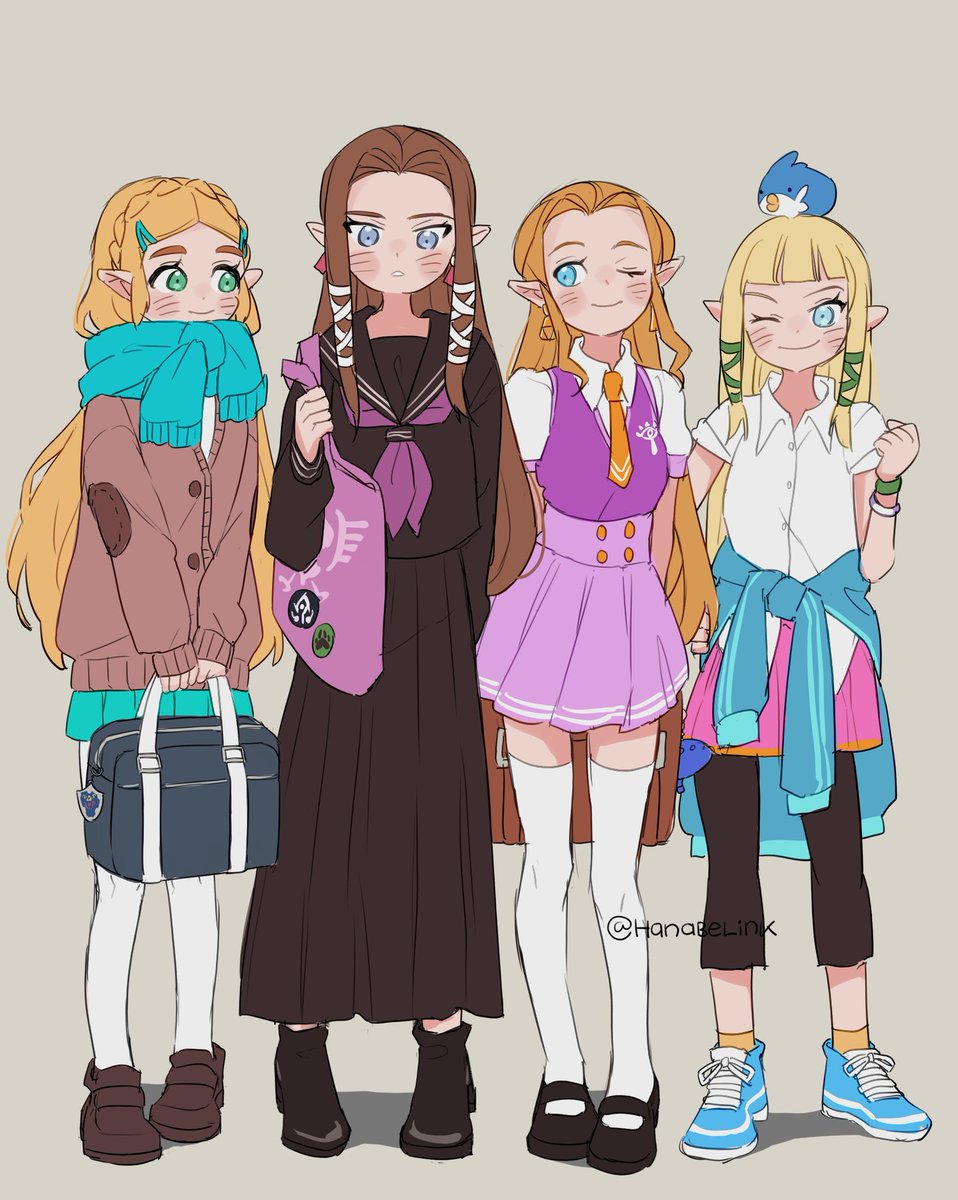 4girls, ;), animal_on_head, badge, bag, bangs, bird, blonde_hair