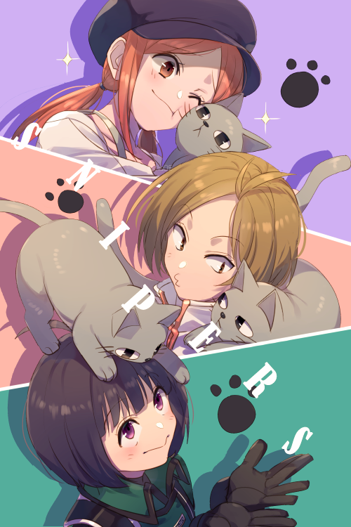 3:, 3girls, :d, ahoge, amatori_chika, animal_on_head, bangs, black_gloves