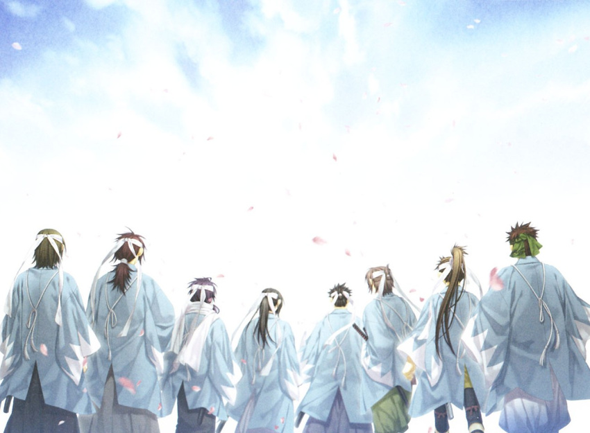 black_hair, brown_hair, green_hair, hakuouki, hakuouki_shinsengumi_kitan, harada_sanosuke, headband, hijikata_toshizo