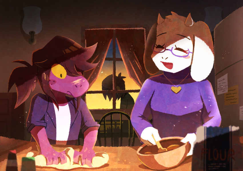 1other, 2girls, absurdres, animal_ears, bowl, colored_sclera, colored_skin, deltarune