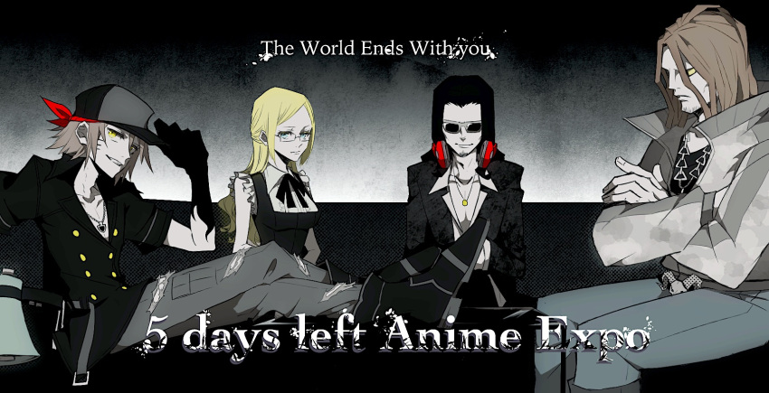 1girl, 3boys, 3kdxoxo, bandana, black_hair, blonde_hair, blue_eyes, brown_hair, crossed_arms, glasses, headphones, headphones_around_neck, higashizawa_yodai, highres, kitaniji_megumi, konishi_mitsuki, minamimoto_shou, multiple_boys, rectangular_eyewear, sitting, subarashiki_kono_sekai