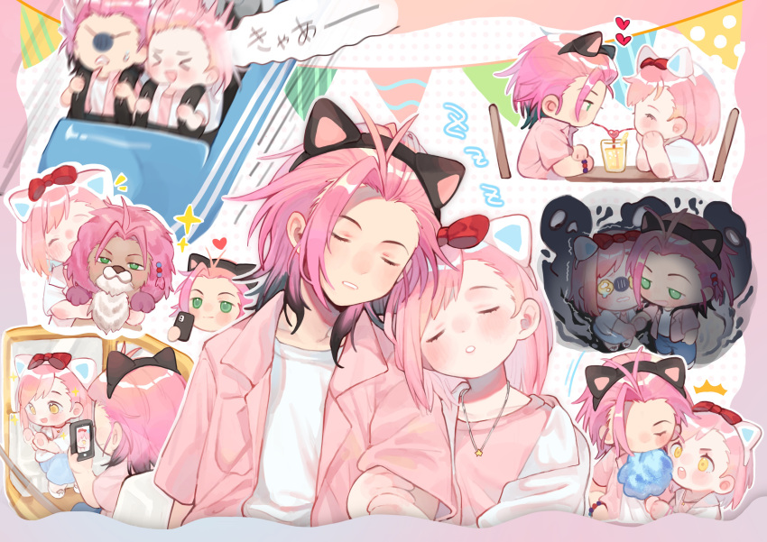 1boy, 1girl, ^_^, absurdres, against_glass, animal_ears, antenna_hair, arm_grab
