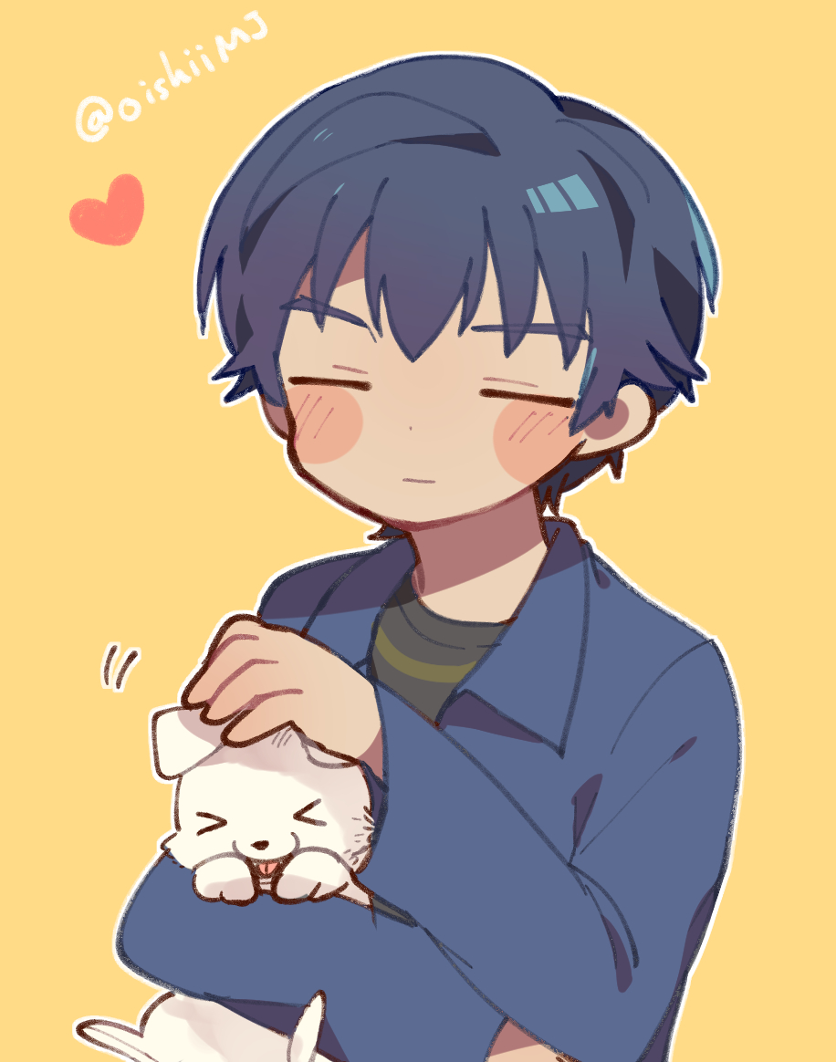 >_<, 1boy, =_=, animal, blue_hair, blue_shirt, blush_stickers, collared_shirt