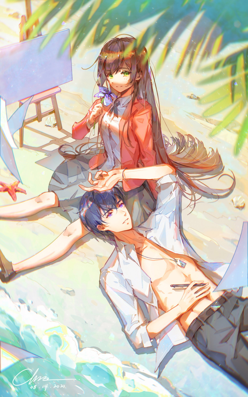 1boy, 1girl, absurdres, bangs, beach, belt, belt_buckle, brown_hair