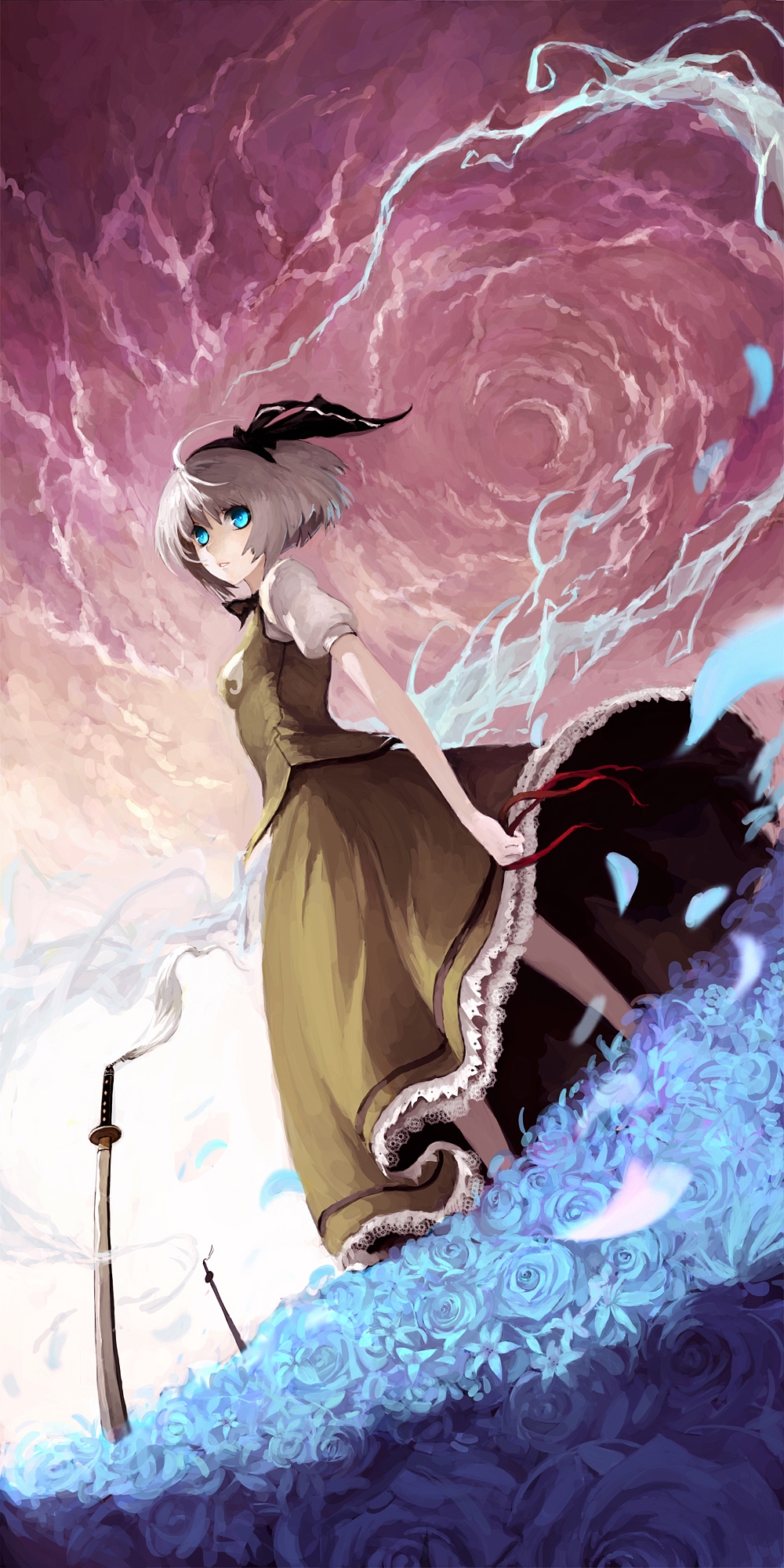 blue_rose, fenrir, fenrir_(buzhidaoshishuei), flower, hairband, highres, katana, konpaku_youmu