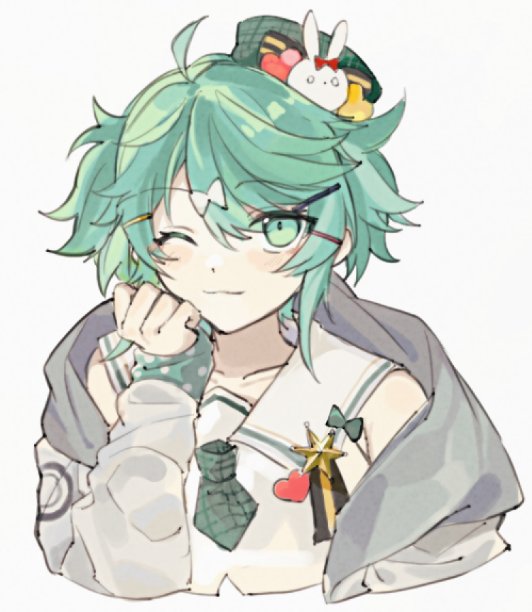 1boy, :3, ahoge, bangs, bow, collarbone, cropped_torso, eyebrows_visible_through_hair, green_bow, green_eyes, green_hair, green_necktie, hair_bow, hair_ornament, hairclip, hand_on_own_cheek, hand_on_own_face, heart, holostars, kagami_kira, kandzue_pengin, looking_at_viewer, necktie, one_eye_closed, school_uniform, serafuku, shirt, short_twintails, simple_background, sleeves_past_wrists, solo, tilted_headwear, twintails, upper_body, virtual_youtuber, white_background, white_bow, white_shirt