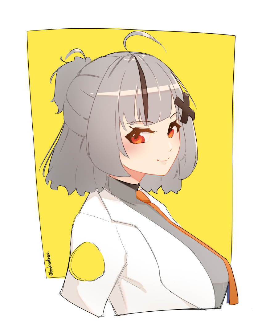 1girl, absurdres, ahoge, alternate_hair_length, alternate_hairstyle, bangs, bimbombash, black_hair, blush, border, breasts, collared_shirt, from_side, grey_shirt, highres, indonesian_commentary, jacket, labcoat, large_breasts, multicolored_hair, necktie, nijisanji, nijisanji_id, orange_necktie, red_eyes, shirt, short_hair, smile, solo, streaked_hair, twitter_username, virtual_youtuber, white_border, white_jacket, xia_ekavira, yellow_background