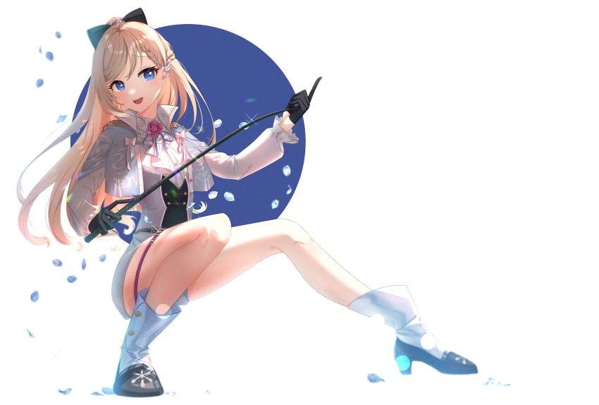 1girl, absurdres, ascot, bangs, black_gloves, blonde_hair, blue_eyes, boots