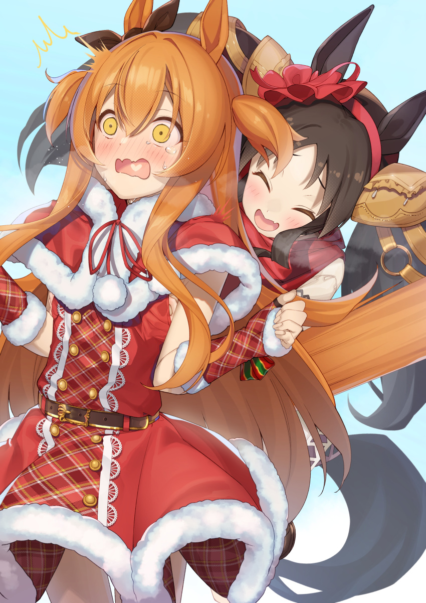 2girls, :d, ^^^, ^_^, absurdres, animal_ears, bangs, black_hair, black_ribbon, blush, brown_eyes, brown_hair, capelet, closed_eyes, commentary_request, dress, ear_ribbon, elbow_gloves, eyebrows_visible_through_hair, fang, fingerless_gloves, fur-trimmed_capelet, fur-trimmed_dress, fur-trimmed_gloves, fur_trim, gloves, hair_between_eyes, hand_under_clothes, hand_under_dress, heart, heart_in_mouth, highres, horse_ears, horse_girl, horse_tail, long_hair, marvelous_sunday_(umamusume), mayano_top_gun_(umamusume), multiple_girls, nose_blush, o-ring, parutoneru, plaid, plaid_dress, plaid_gloves, red_capelet, red_dress, red_gloves, ribbon, santa_costume, sleeveless, sleeveless_dress, smile, stiff_tail, surprised, tail, tears, twintails, two_side_up, umamusume, very_long_hair, wavy_mouth, wide-eyed