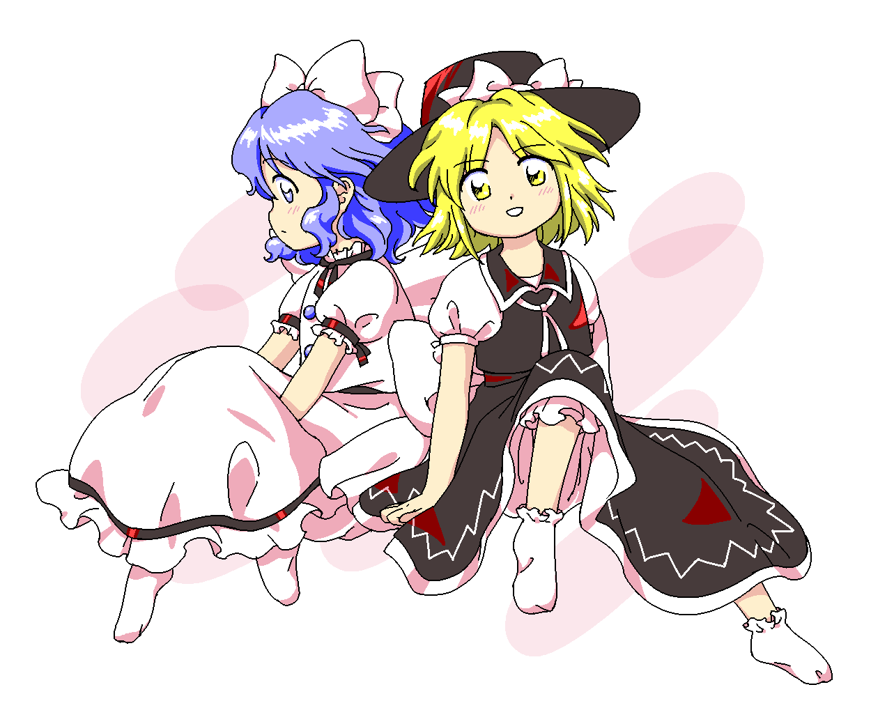 2girls, back_bow, black_headwear, black_ribbon, black_skirt, black_vest, blonde_hair, bloomers, blue_eyes, blue_hair, bobby_socks, bow, collared_vest, dress, fedora, frilled_dress, frills, hat, hat_bow, mai_(touhou), medium_hair, multiple_girls, necktie, nonamejd, puffy_short_sleeves, puffy_sleeves, ribbon, shirt, short_hair, short_sleeves, simple_background, sitting, skirt, socks, touhou, underwear, vest, white_background, white_bow, white_dress, white_legwear, white_necktie, white_ribbon, white_shirt, yellow_eyes, yuki_(touhou), zun_(style)