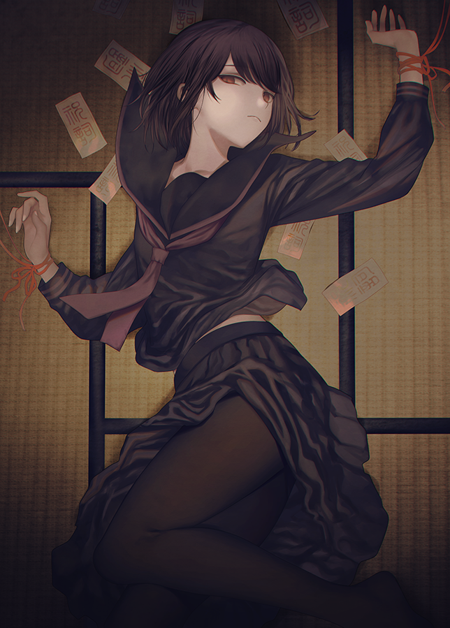 1girl, black_hair, black_legwear, black_serafuku, bound, bound_wrists, chinikuniku, dark