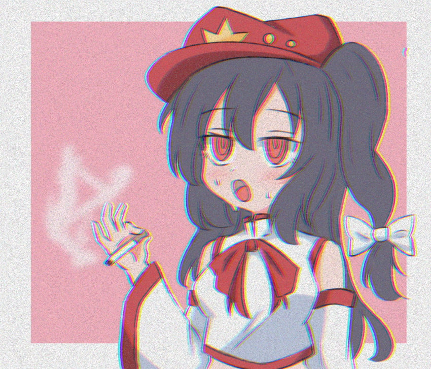 1girl, @_@, bare_shoulders, black_hair, blush, bow, breasts, cabbie_hat